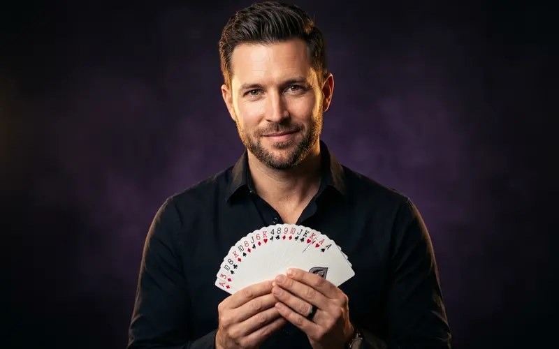 Alex Wolf, lead instructor at CardCraft Academy, holding a fanned deck of cards