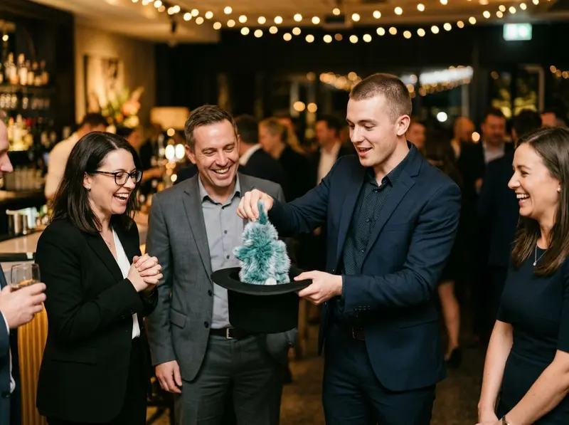 Graduate magician performing a classic hat trick at a corporate event