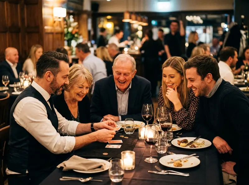 Graduate magician performing a full magic show for restaurant guests
