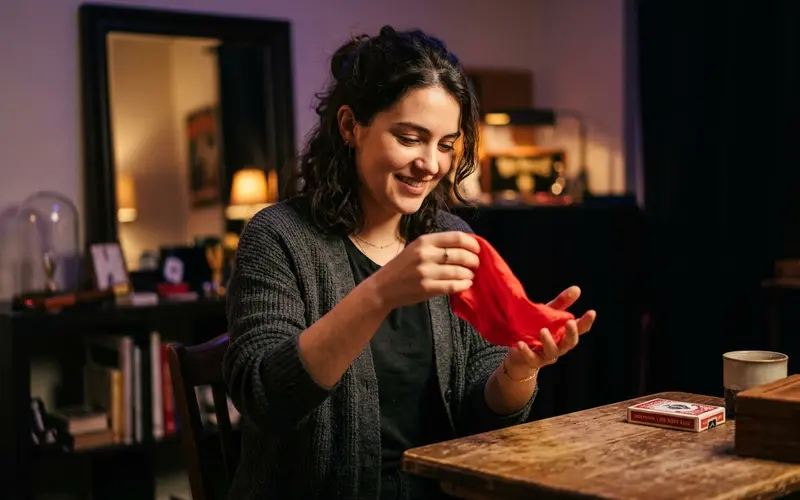 Student practicing a silk handkerchief vanish during a beginner magic lesson