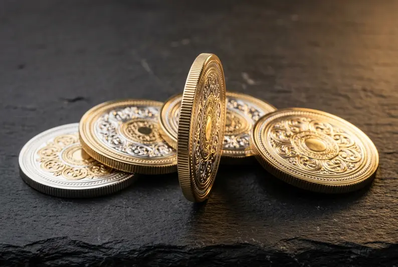 Set of polished manipulation coins used for coin magic and juggling